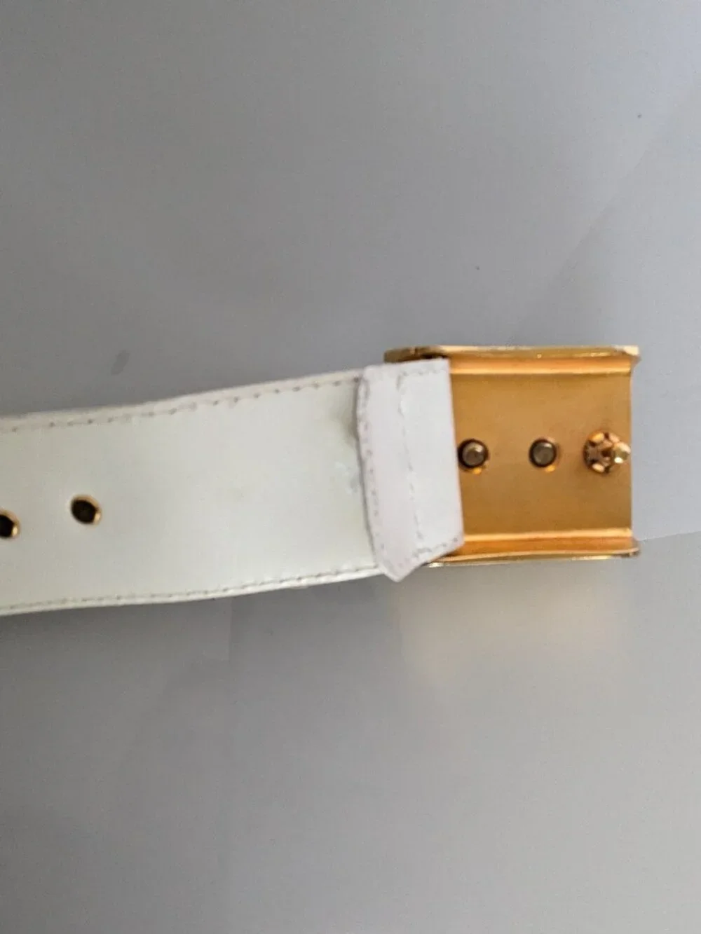 Escada Vintage White Leather Belt Gold Tone Bow Studs Bow Belt Buckle